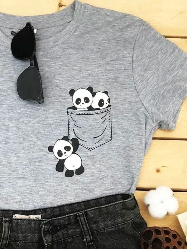 Camiseta Femenina Pocket Pandas - Algodón Licrado Premium Gris