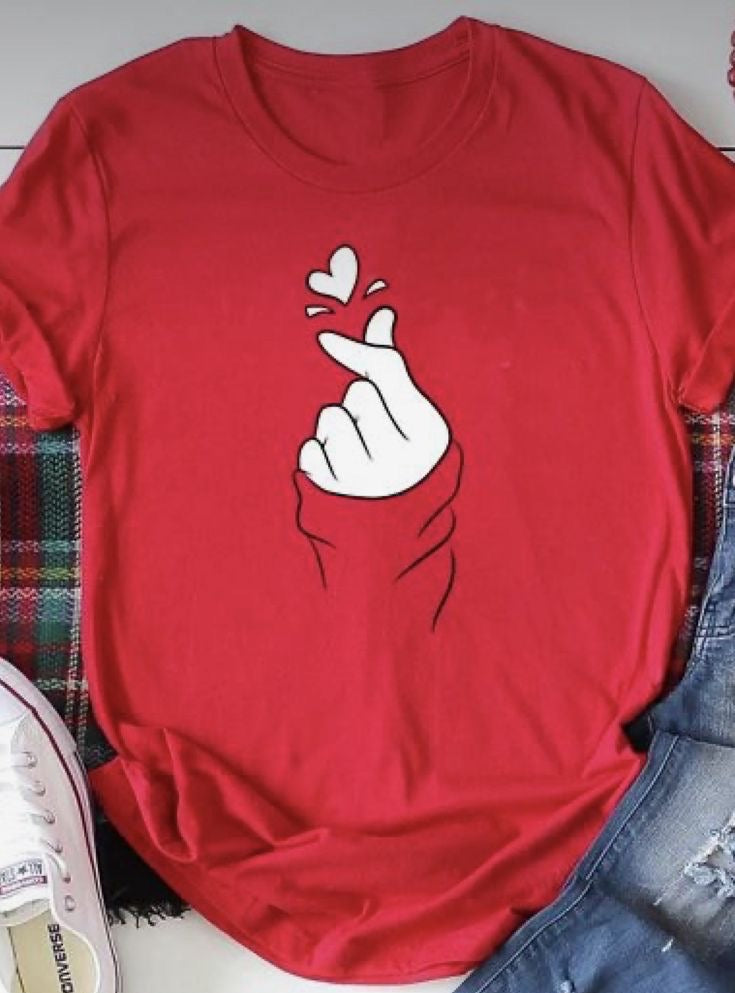 Camiseta Femenina Korean Heart - Algodón Licrado Premium Rojo